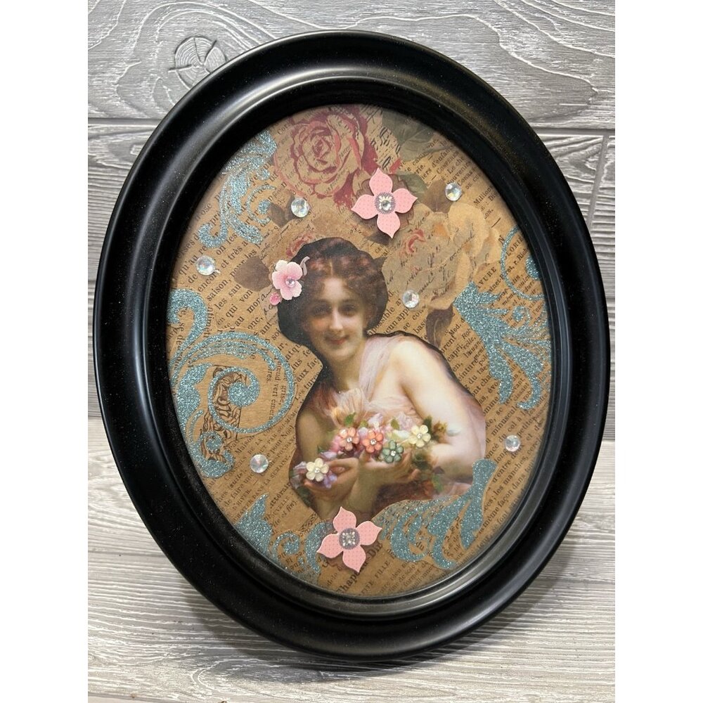 Old Fashioned Lady Handmade Collage Art Decor OOAK Oval Picture Frame